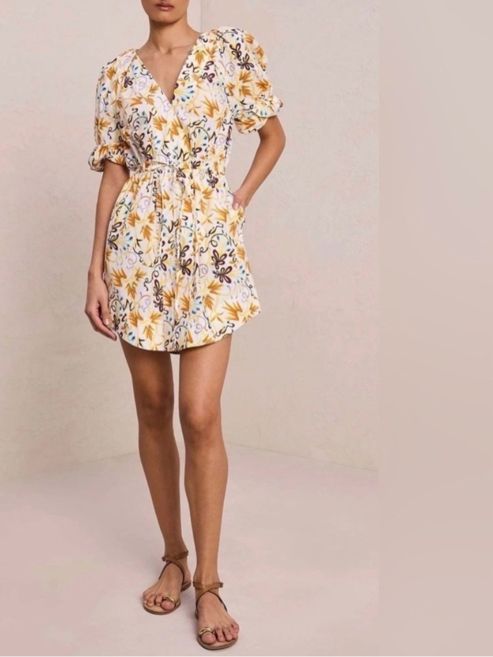 A.L.C Mia cotton white and yellow Floral V-Neck Mini Dress size 6